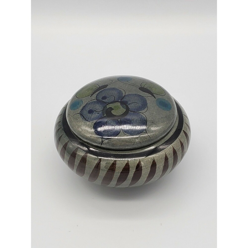 Tonala Mexico Lidded Trinket Dish Yellow Butterfies & Blue Flower Jewelry VTG